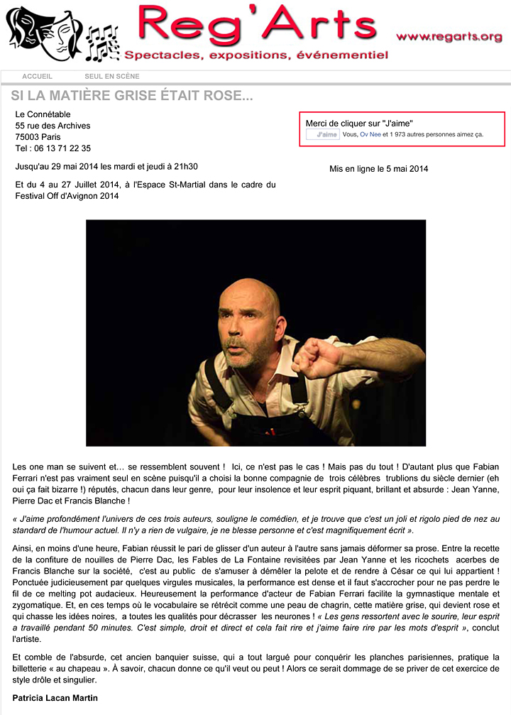Critique Reg'Arts: Si la mati�re grise �tait rose personne n'aurait plus d'id�es noires