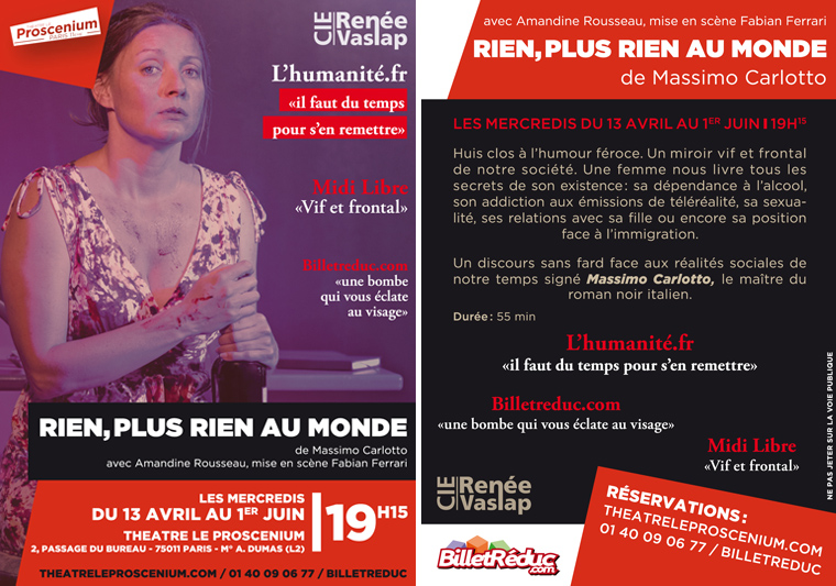Flyer: Rien, plus rien au monde. de Massimo Carlotto avec Amandine Rousseau, mise en sc�ne Fabian Ferrari, cie Ren�e Vaslap